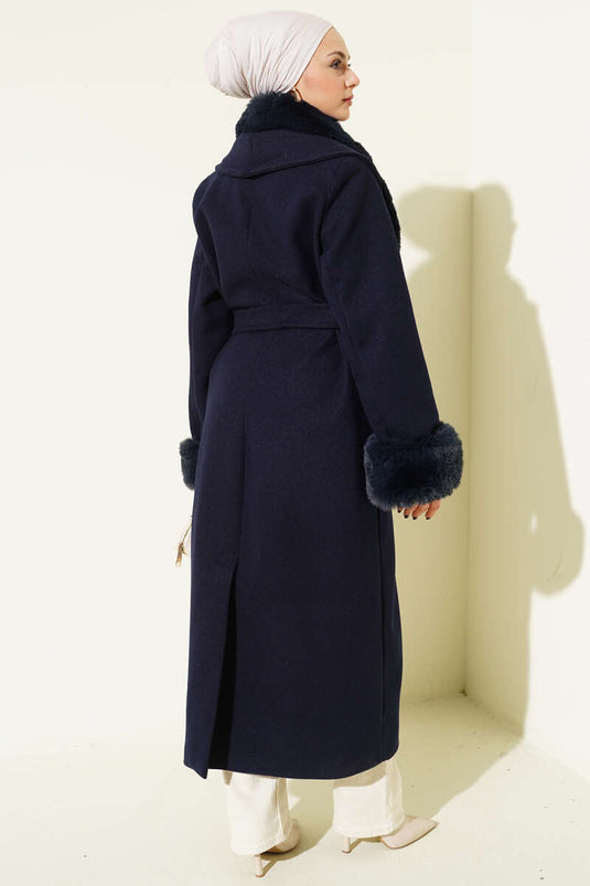 Navy Cashmere Coat with Fur Collar and Cuffs