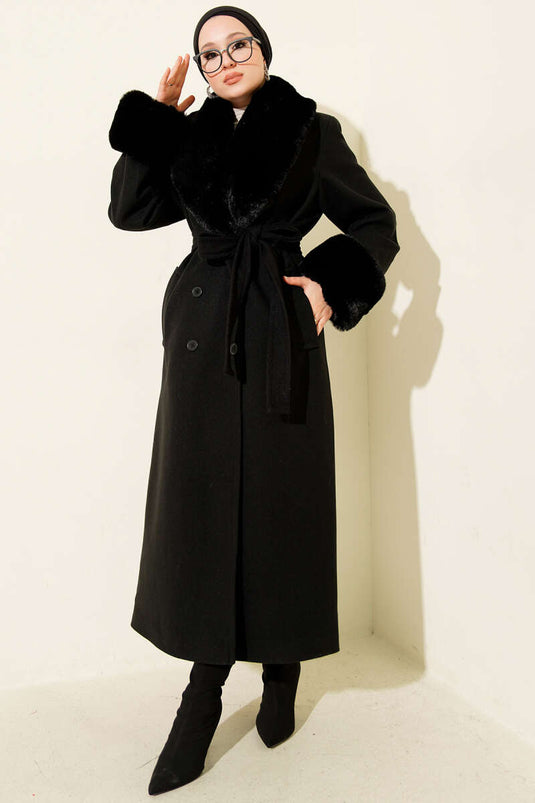 Fur Collar and Wrist Fleece Cashmere Coat Black