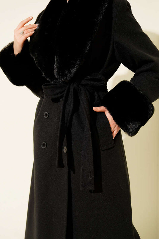 Fur Collar and Wrist Fleece Cashmere Coat Black
