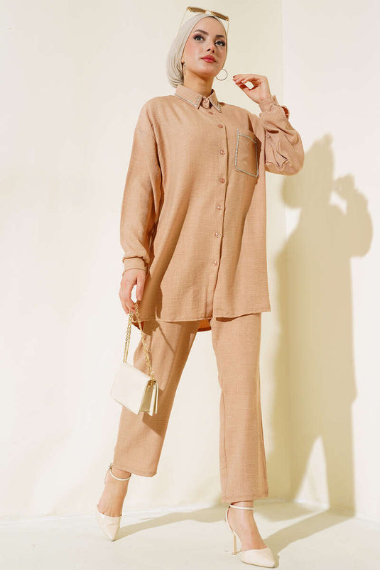 Linen Suit Camel with Stones on Collar and Pocket
