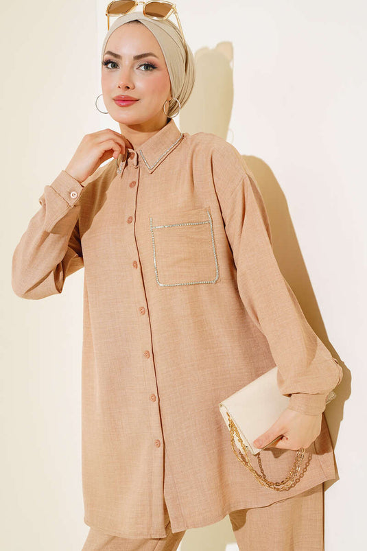 Linen Suit Camel with Stones on Collar and Pocket