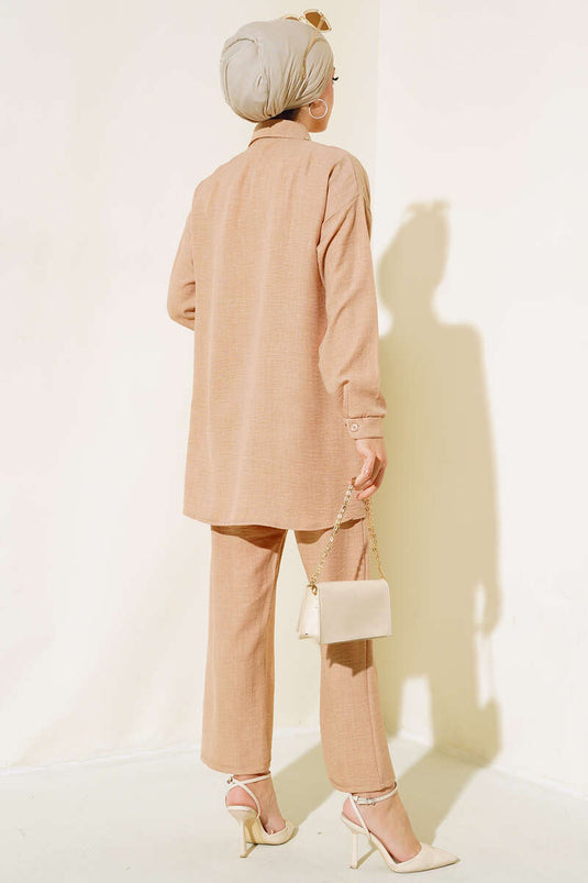 Linen Suit Camel with Stones on Collar and Pocket