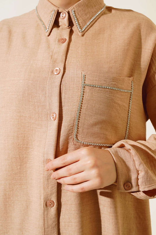 Linen Suit Camel with Stones on Collar and Pocket