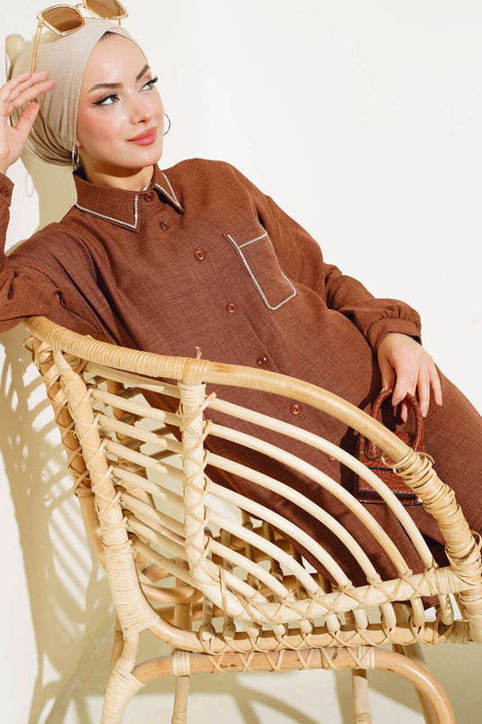 Collar and Pocket Stoned Linen Suit Brown