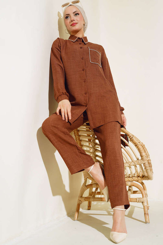 Collar and Pocket Stoned Linen Suit Brown