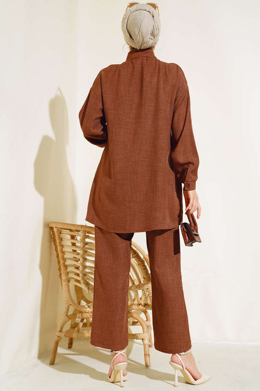 Collar and Pocket Stoned Linen Suit Brown