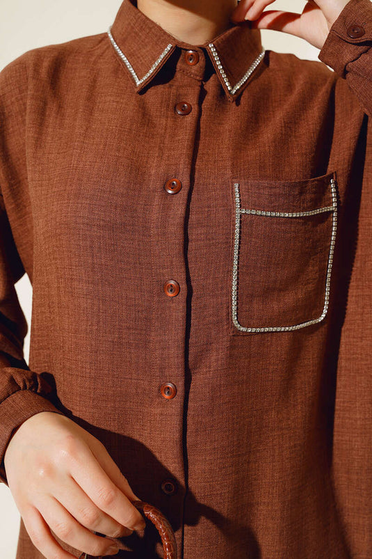 Collar and Pocket Stoned Linen Suit Brown