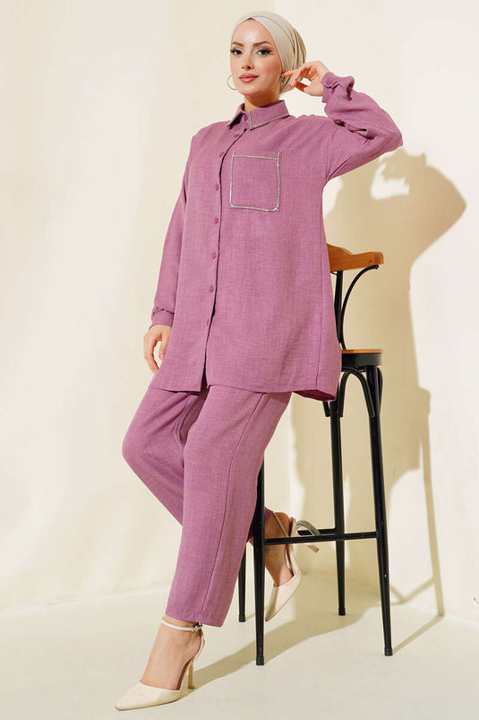 Collar and Pocket Stoned Linen Suit Magenta