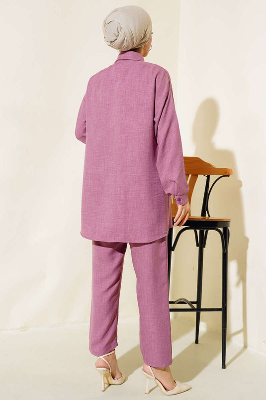 Costume En Lin Pierre Col Et Poche Magenta