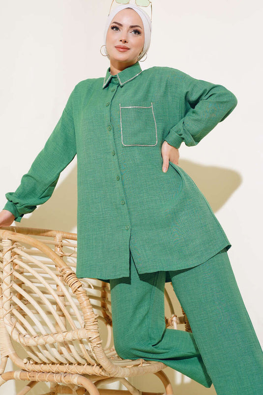 Green Linen Suit with Stones on Collar and Pocket