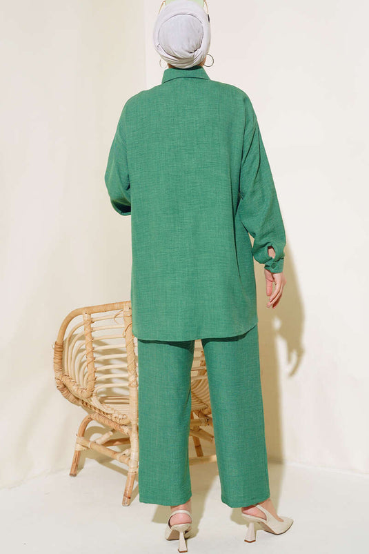Costume En Lin Pierre Col Et Poche Vert