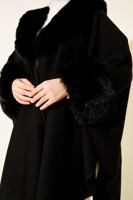 Black Poncho with Fur Detail on Collar and Sleeves