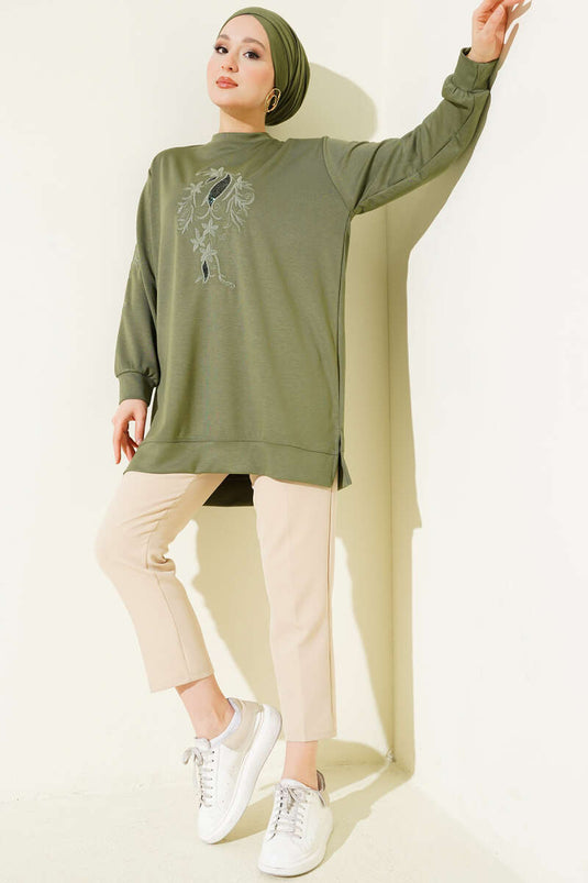 Tunic with Collar and Sleeve Embroidery and Sequins, Loyşa, Pistachio Green