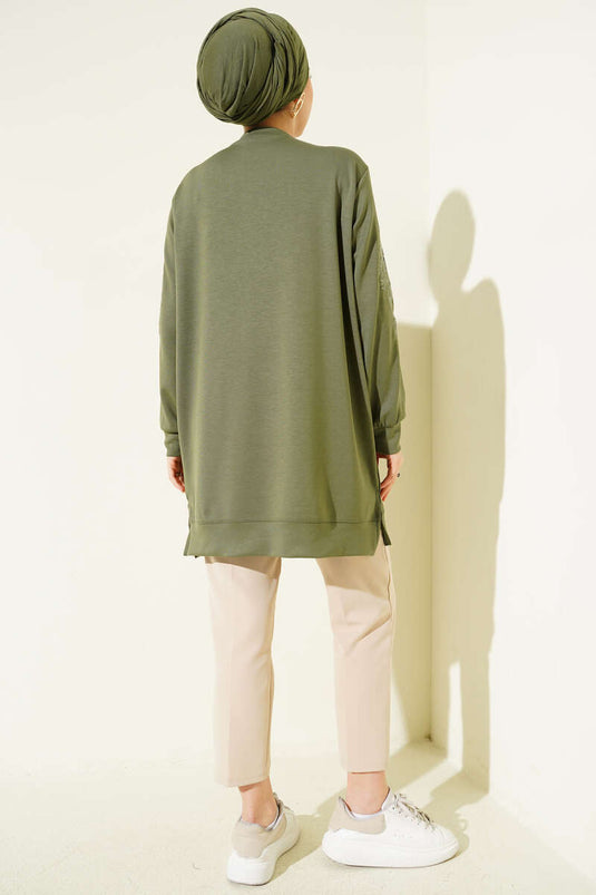 Tunic with Collar and Sleeve Embroidery and Sequins, Loyşa, Pistachio Green