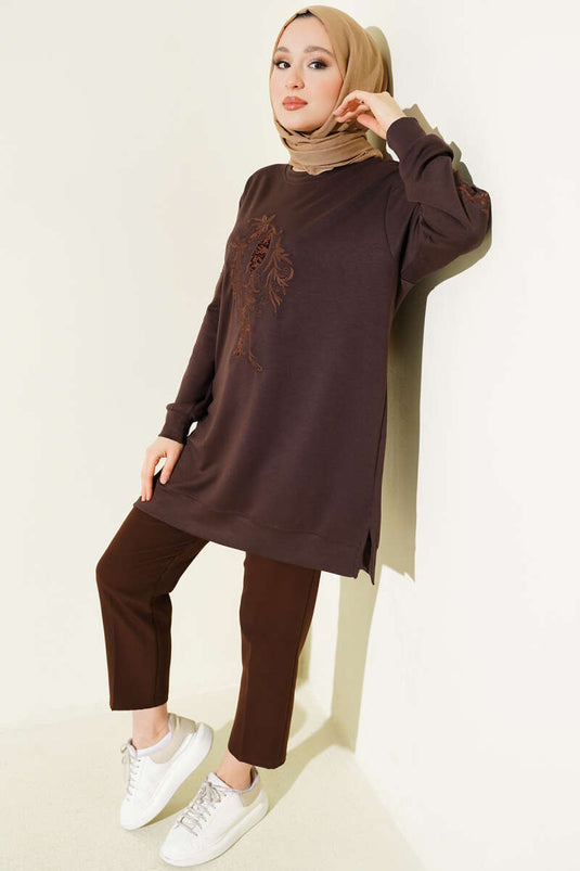 Tunic with Collar and Sleeve Embroidery and Sequins, Loyşa, Brown