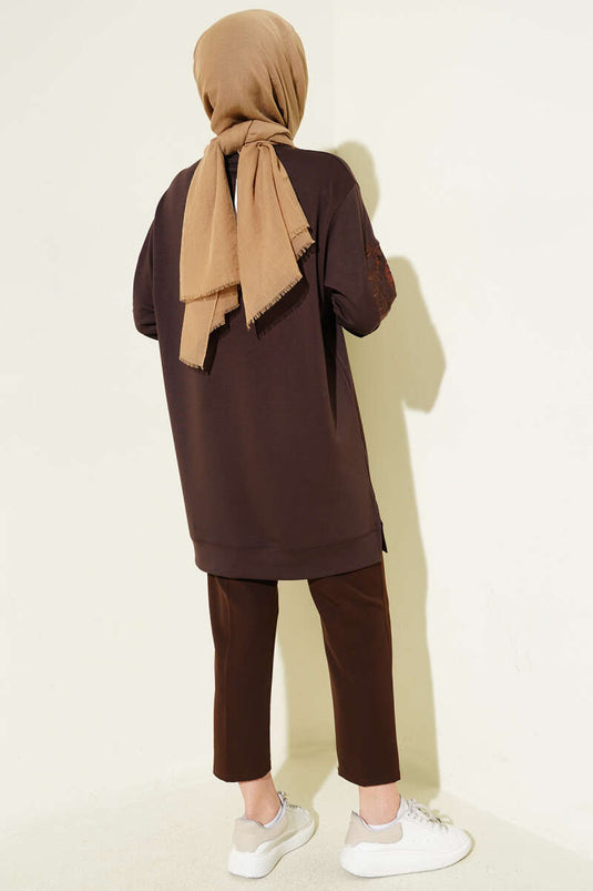 Tunic with Collar and Sleeve Embroidery and Sequins, Loyşa, Brown