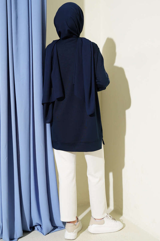 Tunic with Collar and Sleeve Embroidery and Sequins, Navy Blue