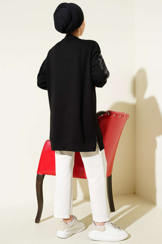 Tunic with Collar and Sleeve Embroidery and Sequins, Black