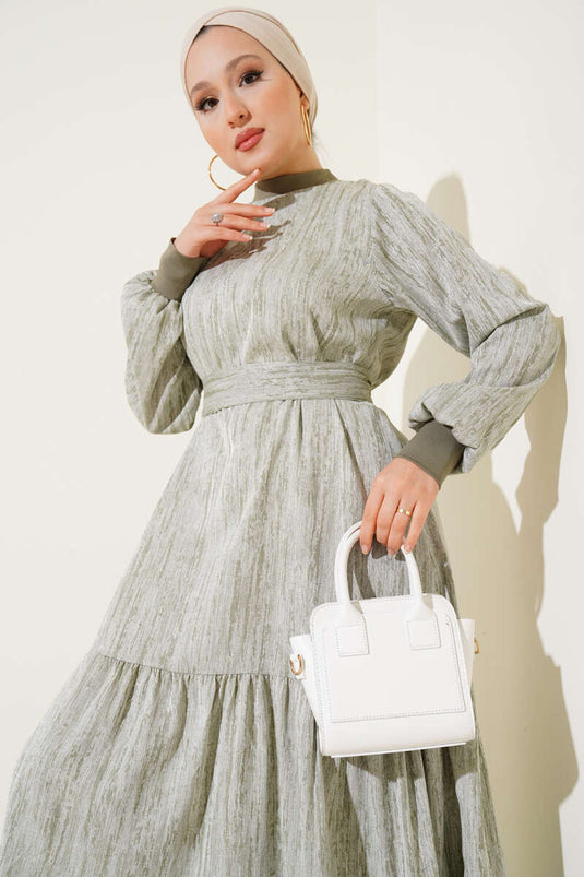 Yaka Ve Kol Ribanalı Elbise Haki