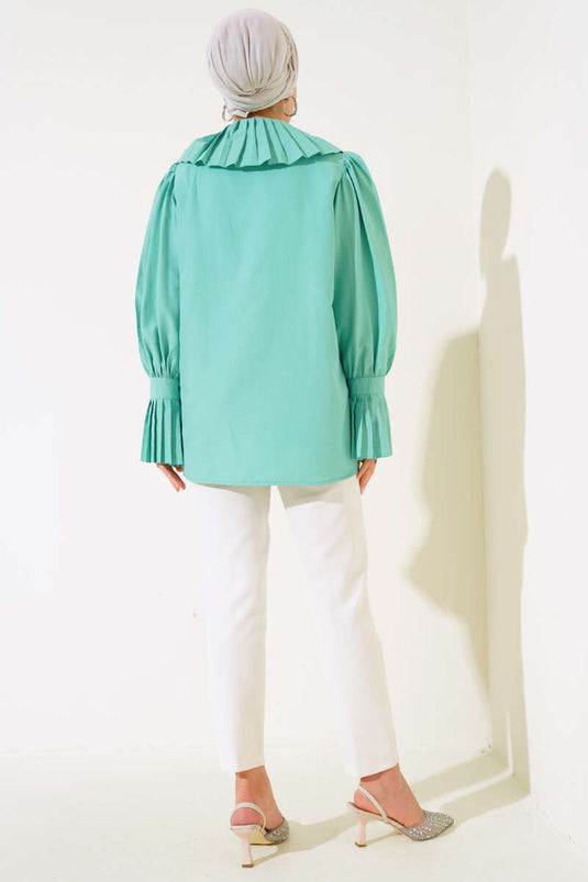 Collar and Cuff Pleated Shirt Aqua Green