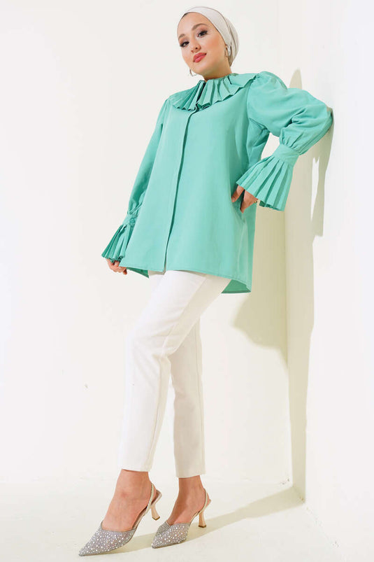 Collar and Cuff Pleated Shirt Aqua Green