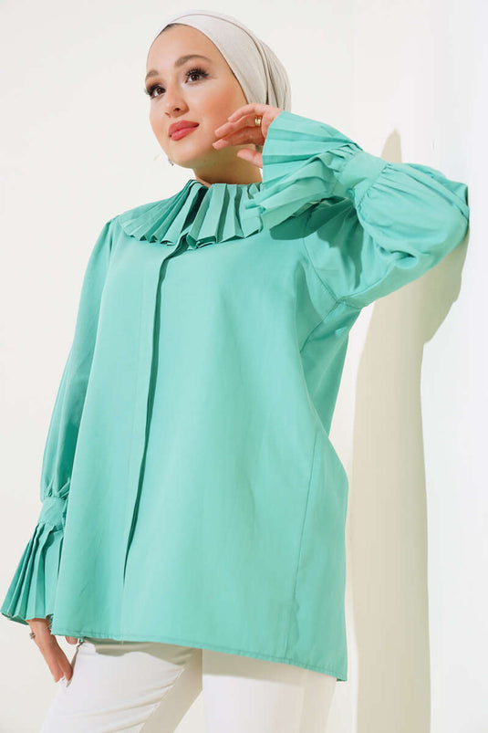 Collar and Cuff Pleated Shirt Aqua Green