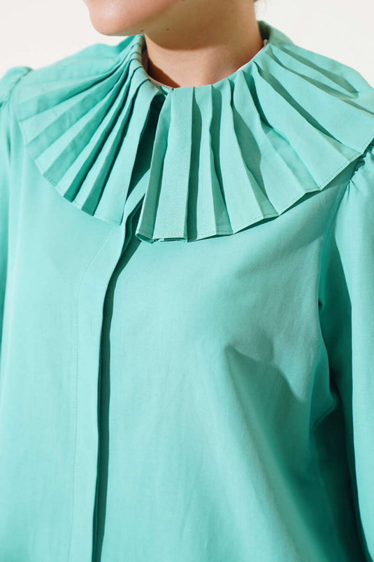 Collar and Cuff Pleated Shirt Aqua Green