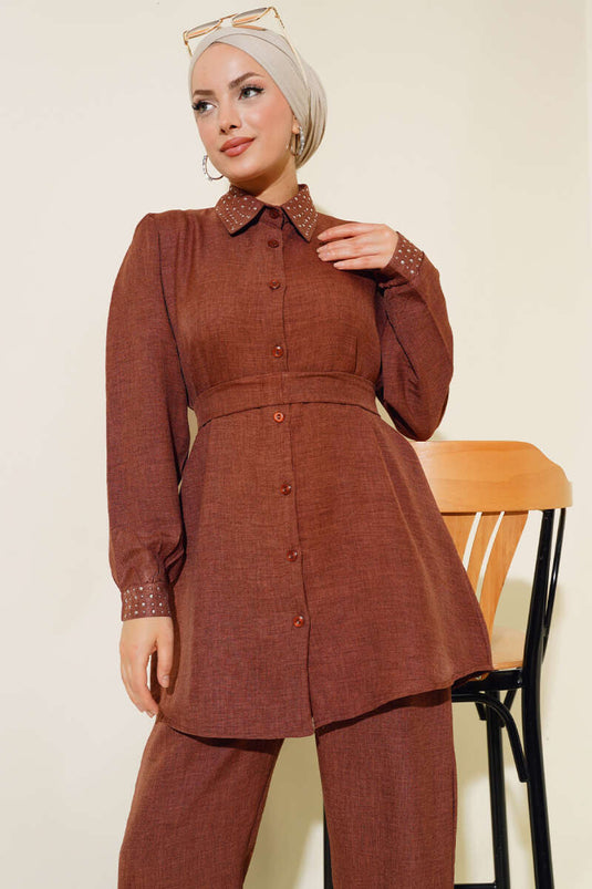 Costume Double En Lin Détail Pierre Col Et Manchette Marron