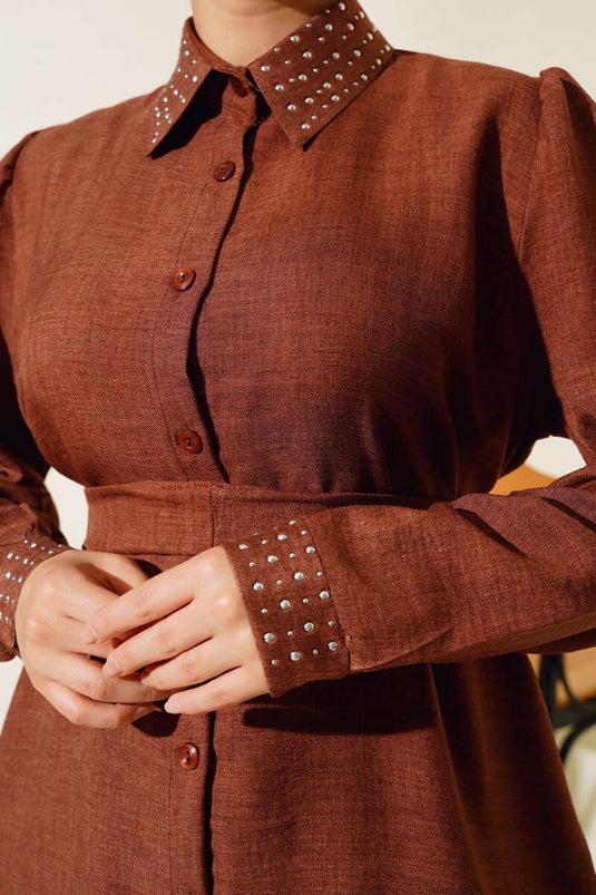 Costume Double En Lin Détail Pierre Col Et Manchette Marron