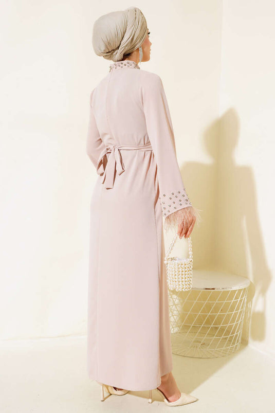 Yaka ve Manşet Taşlı Elbise Bej