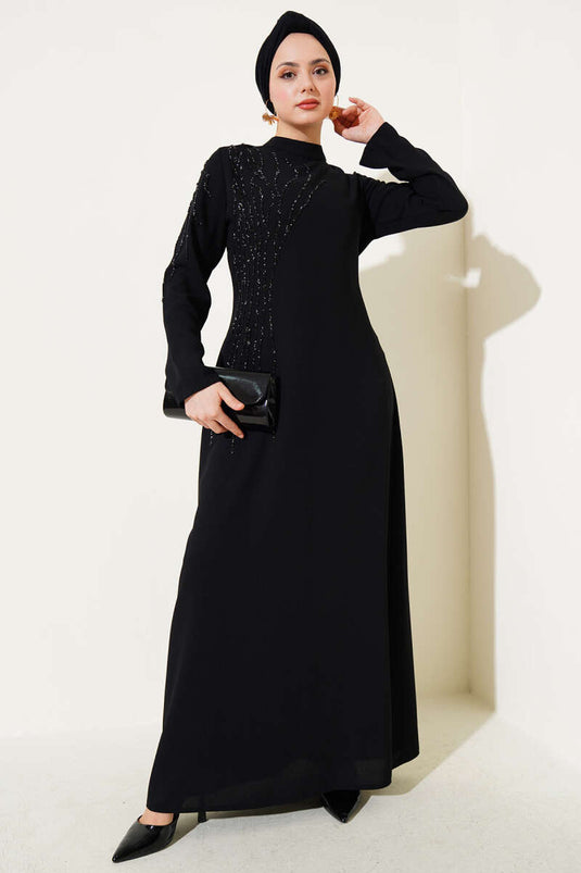 Collar and Shoulder Stoned Plus Size Crepe Dress Black