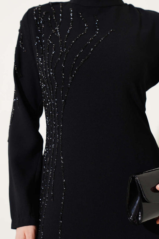 Collar and Shoulder Stoned Plus Size Crepe Dress Black