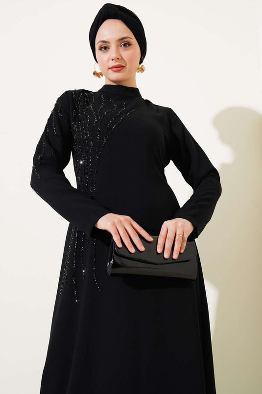 Collar and Shoulder Stoned Plus Size Crepe Dress Black