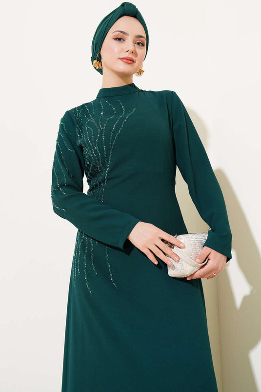 Collar and Shoulder Stoned Plus Size Crepe Dress Emerald