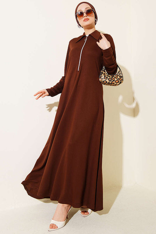 Yaka Halb Reißverschluss Loyşa Kleid Braun