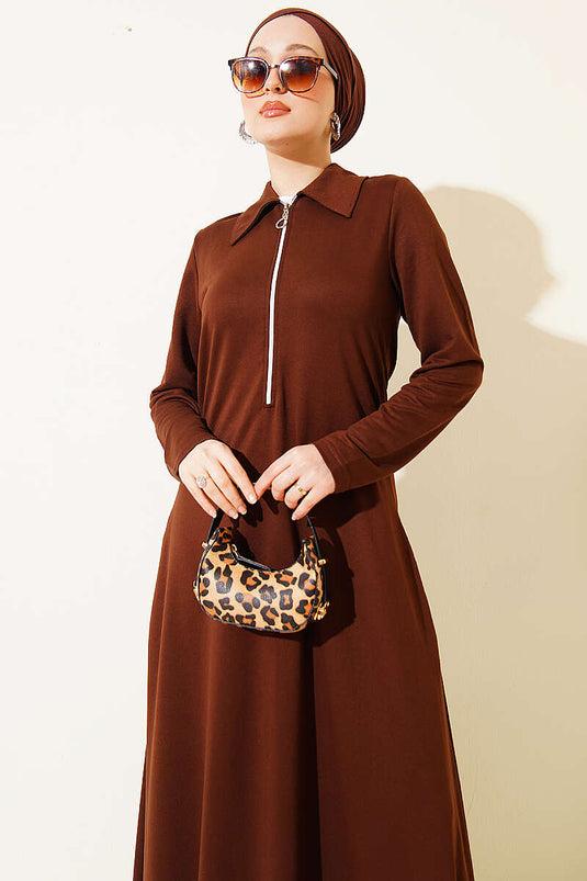 Yaka Halb Reißverschluss Loyşa Kleid Braun