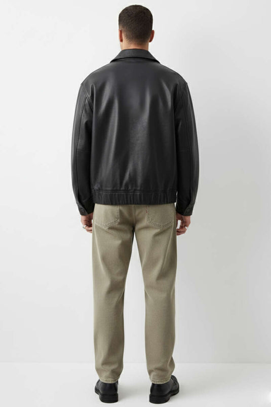 Men's Leather Jacket with Collar Emblem, Black