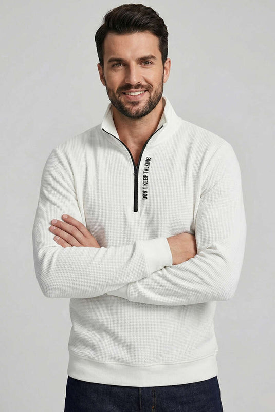 ياقة مكتوبة بسحاب سترة رجالية بلون عاجي