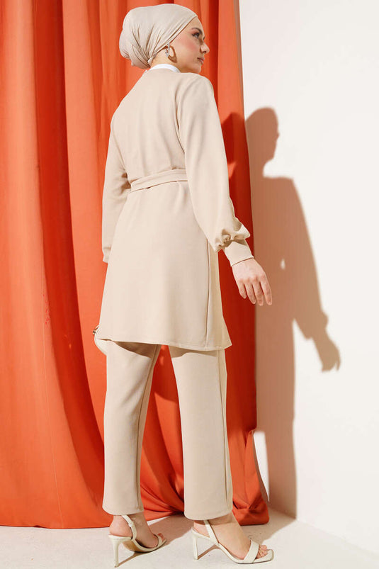 Collar Chain Tassel Two Piece Suit Beige