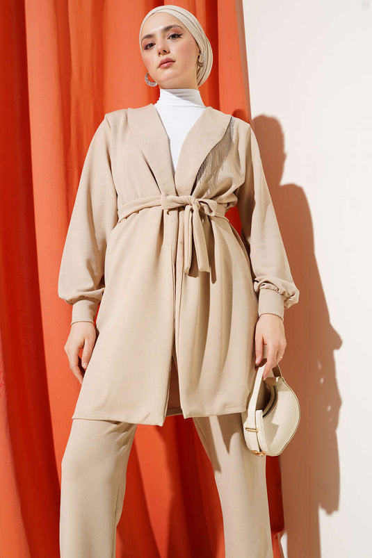 Collar Chain Tassel Two Piece Suit Beige