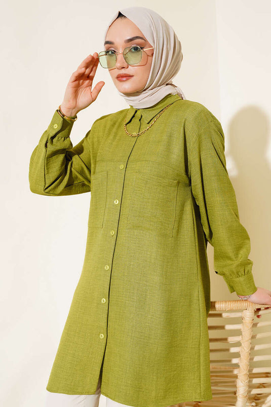 Yaka Zincirli Gömlek Yağ Yeşili