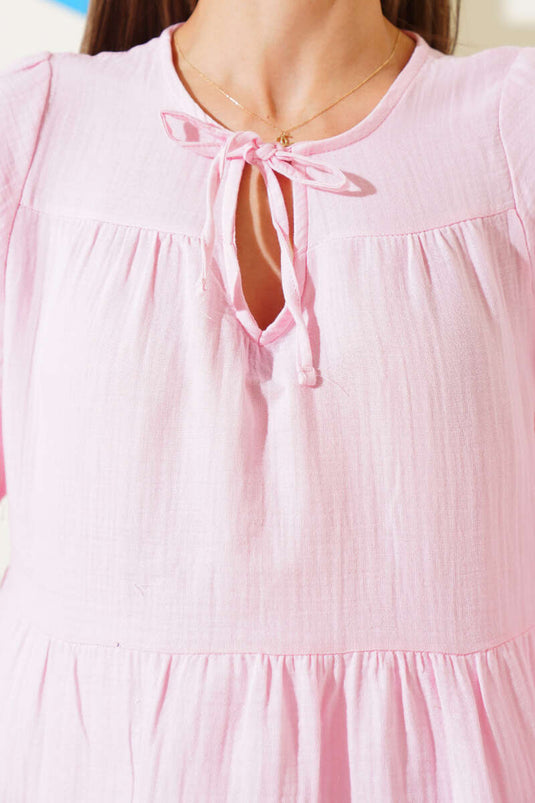 Pink Lace-Up Collar Blouse