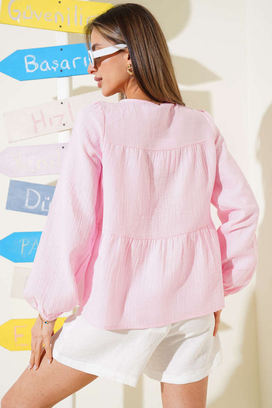 Pink Lace-Up Collar Blouse