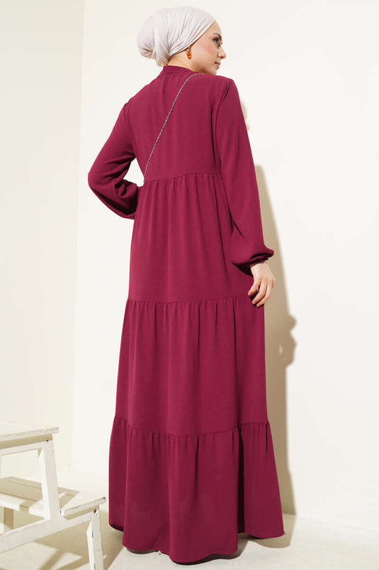 Layered Dress with Tie Collar Burgundy