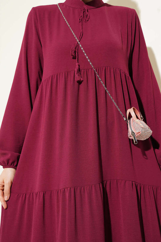 Layered Dress with Tie Collar Burgundy
