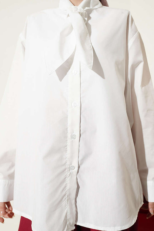 Camicia ampia con collo a coulisse color ecru