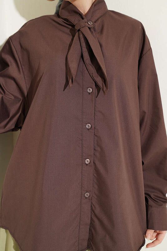 Chemise ample à col à cordon, couleur café
