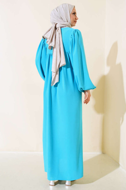 Turquoise Balloon Sleeve Dress with Tie Collar