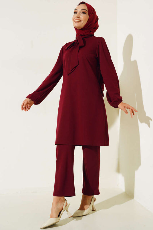 Yakası Bağlamalı İkili Takım Bordo