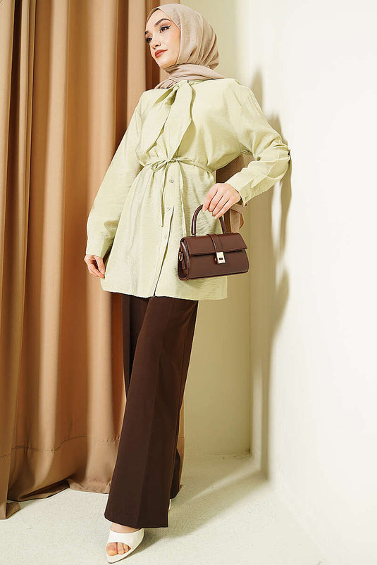 Tie-Neck Loose Shirt in Pistachio Green